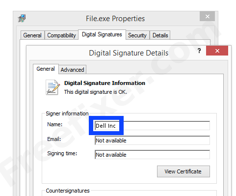 Screenshot of the Dell Inc certificate